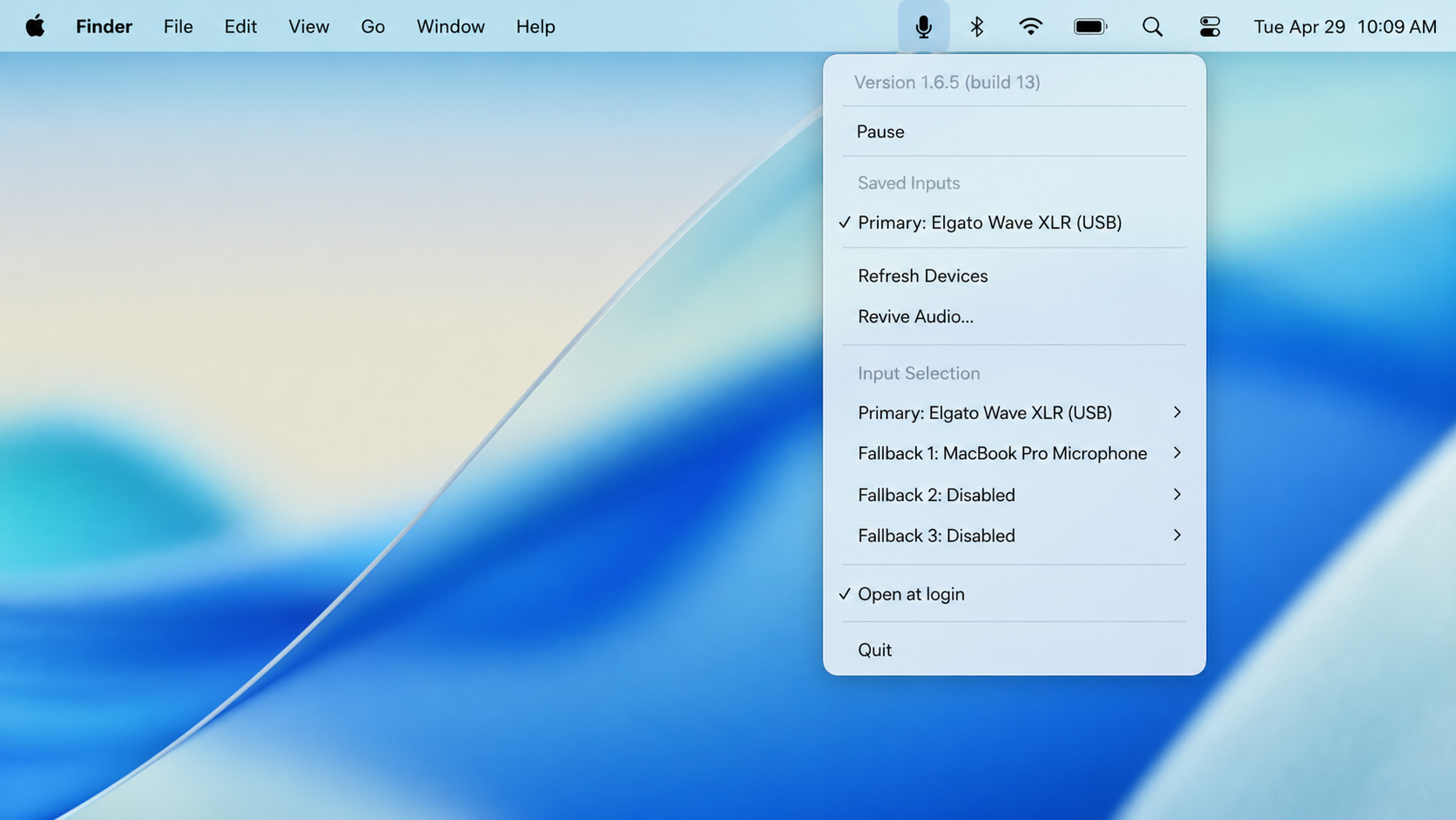 MicLock menu bar icon with open tray menu on macOS desktop